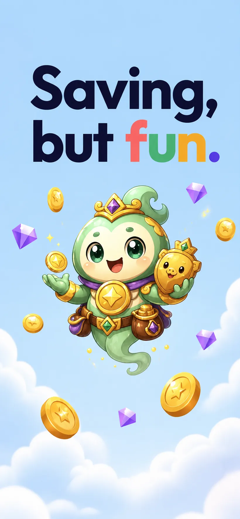 Monibu's mascot, a crowned green coin-genie, floating among gold coins and purple gems above the headline 'Saving, but fun.'
