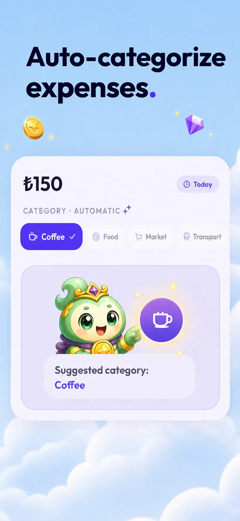 A clean app card showing an amount with category pills for Coffee, Food, Market and Transport, with the mascot suggesting 'Coffee', under the headline 'Auto-categorize expenses.'