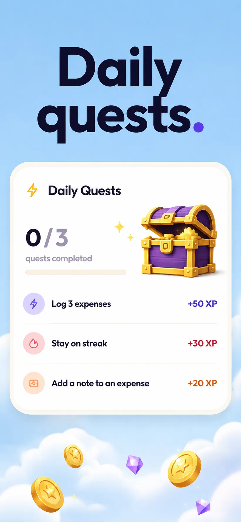 A Daily Quests card showing 0 of 3 complete next to a gold treasure chest, under the headline 'Daily quests.'