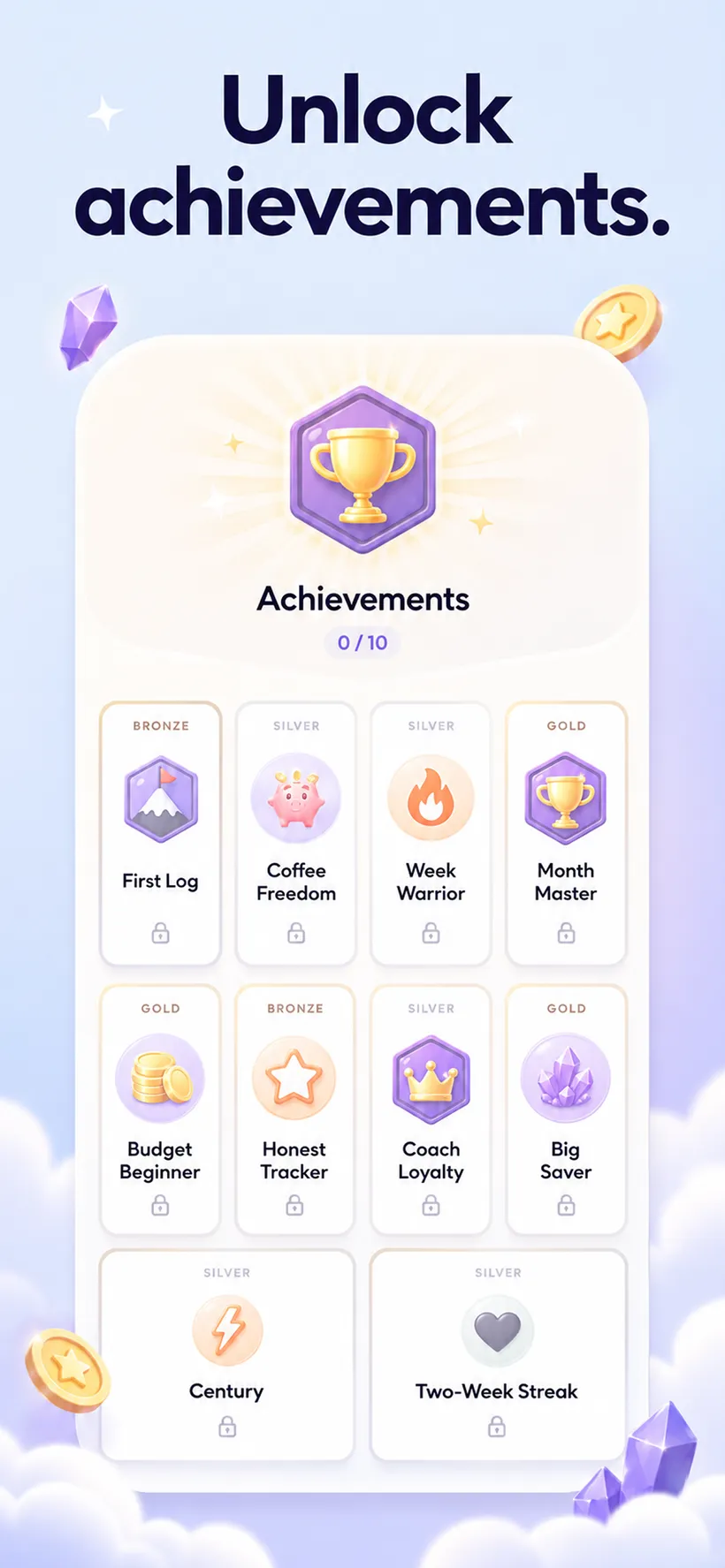A lavender grid of trophy and badge tiles including First Log, Coffee Freedom, Week Warrior and Month Master, under the headline 'Unlock achievements.'